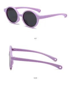 Detailed view of cute purple round baby sunglasses with UV protection and flexible frame.