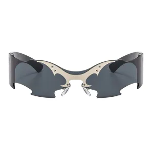 Futuristic cyberpunk sunglasses for men and women with unique metal bat wing decor and dark lenses.