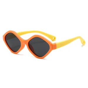 Kinder UV-Schutz Sonnenbrille, orange Rauten-Gestell gelbe Silikon-Bügel Kinder Sommer Brille
