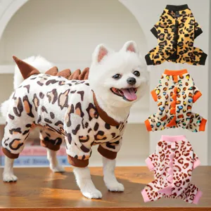 Close-up detail of the warm fleece pet onesie with cute dinosaur spikes and leopard print.