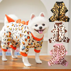 Detailed view of fleece dog jumpsuit with leopard print and dinosaur spine design for pets.
