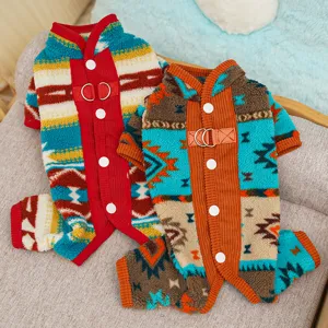 Winter Fleece Pet Dog Cat Four Legged Clothes Ethnic Fair Isle Geometric Print Warm Pajamas Puppy Apparel