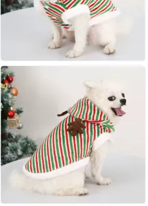 Cute Christmas pet costume for small dogs, red green stripes plush hoodie with reindeer antlers.