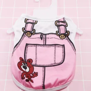 Cute pink fake overalls design pet dog clothes with cute cartoon bear print for small dogs.