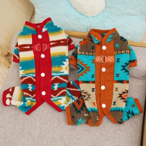 Winter fleece pet dog jumpsuit ethnic geometric print warm four-leg puppy pajamas apparel