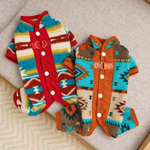Cozy fleece pet four-leg pajamas with ethnic geometric pattern for dogs cats winter.