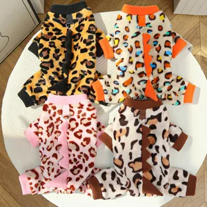 Cute pet fleece four-leg winter clothes with leopard print and fun dinosaur spine design for dogs.
