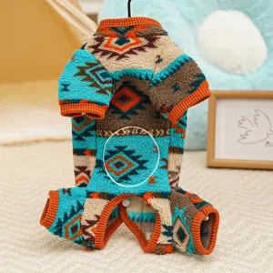 Autumn winter warm four-legged pet dog fleece jumpsuit ethnic geometric pattern pajamas