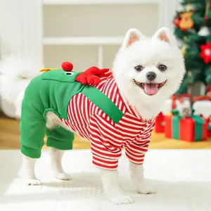 Cute Christmas pet dog clothes detail showing red white stripes and lovely reindeer back.