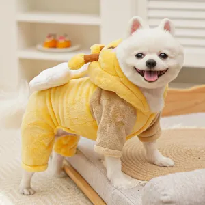 Cute bee pet costume for dogs and cats, fleece warm four-legged winter jumpsuit apparel.