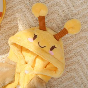 Close-up of cute bee pet fleece warm hoodie costume, soft yellow flannel dog cat apparel.