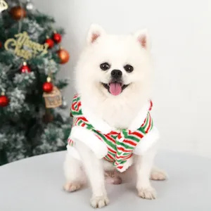Christmas pet costume red green stripes fleece dog hoodie winter holiday apparel small dogs