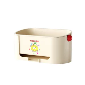 Kitchen sink sponge holder organizer rack, beige plastic draining caddy for dish cloth.