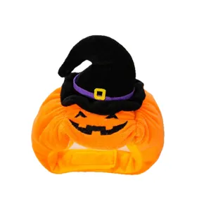 Halloween pet pumpkin witch hat costume for cats and dogs, funny plush holiday headwear.