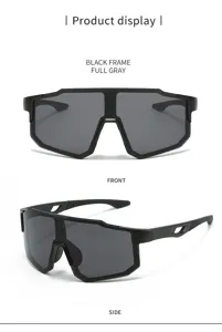 Gafas de sol deportivas para exteriores con montura grande y lentes grises en detalle.