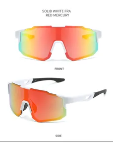 Gafas de sol deportivas de gran marco con montura blanca y lentes de espejo rojo ciclismo.