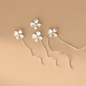 Boucles d'Oreilles Fils en Argent Sterling S925 Motif Fleur de Gardénia Longues Pendantes Chaîne à Gland Bijoux Élégants Femme