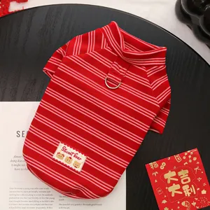 Warm fleece pet dog cat winter four-legged clothes with leash ring red striped apparel