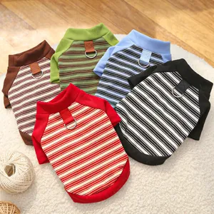Detailed view of colorful striped pet dog clothes with D-ring, comfortable two-legged apparel.