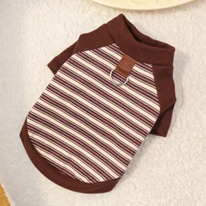 Detailed shot of pet striped two-legged clothes with brown color block design and metal D-ring.