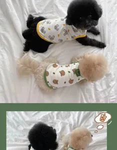 Detailed shot of cute pet vest with lovely cartoon animal prints, comfortable wear for dogs.