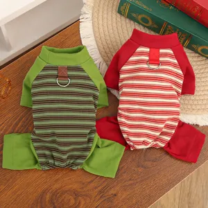 Striped pet four-leg jumpsuit with leash ring comfortable dog cat clothes winter warm apparel