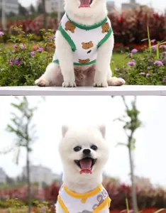 Cute pet dog vest with cartoon bear print, breathable fabric, sweet spring summer wear.