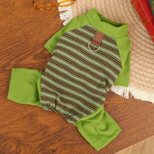 Green striped pet jumpsuit with D-ring, four-legged dog and cat clothes for winter daily wear.
