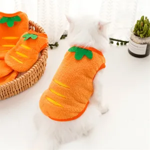 Cute carrot pet vest detail shot, soft plush warm winter apparel for small cats and dogs.