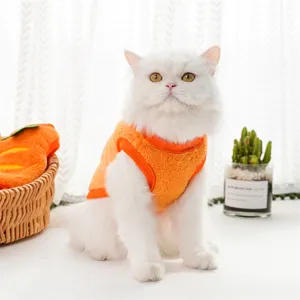 Cozy orange fleece pet vest for cats and small dogs, soft winter warm apparel detail shot.