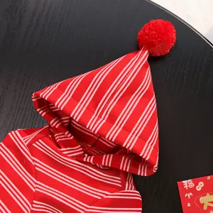 Cute red white striped pet hoodie with pom-pom detail, cozy winter dog apparel and cat clothing.
