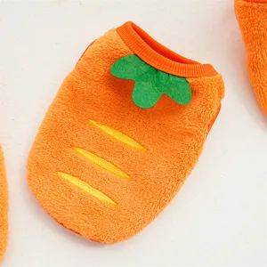 Carrot pet winter fleece clothes detail shot, cute dog cat warm apparel with green leaf accent.
