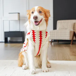 Cozy pet winter sweater detail, red and white knitted fleece pattern for dogs and cats warm wear.