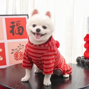 Winter warm four-legged dog clothes red striped pet jumpsuit cute hoodie cat apparel