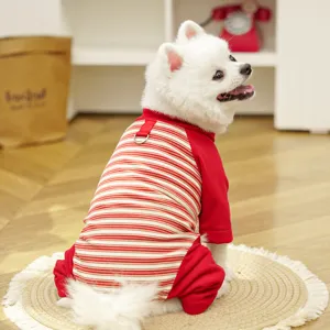 Cute striped four-leg pet dog jumpsuit with D-ring, comfortable red cotton dog clothing.