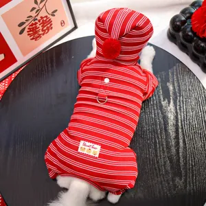Red and white striped pet four-leg jumpsuit with hood and D-ring, warm winter cat dog apparel detail.