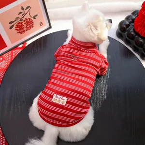 Detailed shot of red striped pet onesie for small dogs, featuring soft fleece and leash ring.