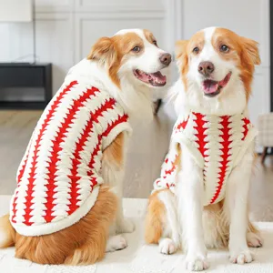 Plush pet winter vest in red and white fleece, warm cozy clothing for dogs and cats in cold days.