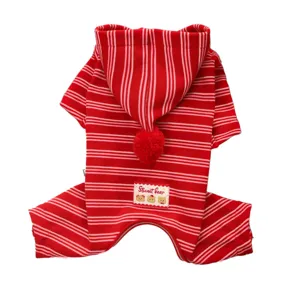 Red and white striped pet dog cat four-legged hoodie winter warm apparel with pom-pom