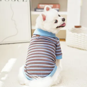 Cute striped dog shirt for small pets, warm stretch puppy apparel with collar and leash ring.