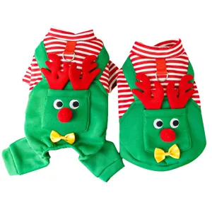 Christmas pet reindeer costume details, red white stripes and green jumpsuit with antlers.