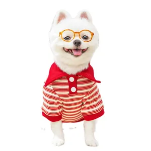 Cute striped dog clothes for small medium dogs, autumn winter pet shirt with cute glasses.