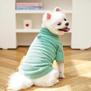 Cute dog winter warm two-leg clothes green high collar knitted sweater pet apparel detail view