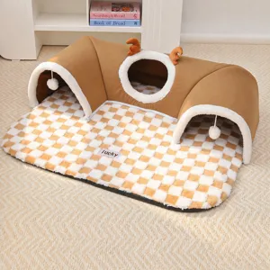 Winter cat tunnel bed with reindeer antlers and checkered mat, multi-size pet sleeping pad.