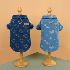 Camicia di Denim per Cani e Gatti con Stampa Cartoon Orso Farfalla Vestiti Casual per Cani Piccoli Cuccioli Teddy Bichon Morbido Poliestere Top
