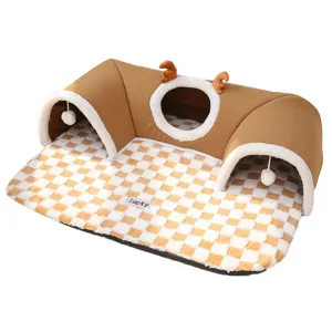Close-up detail of the brown pet tunnel bed featuring soft checkered mat and cute reindeer horns.