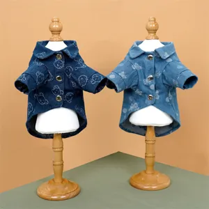 Carina camicia in denim per animali domestici, vestiti eleganti per cuccioli con stampa di orsetto.