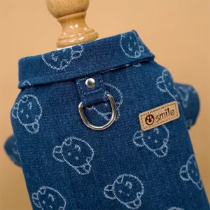 Graziosa camicia in denim per cani e gatti di piccola taglia, comoda con anello a D.