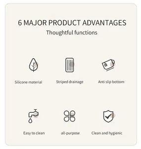 Graphique de détail des caractéristiques du tapis d'égouttage en silicone avec design antidérapant.