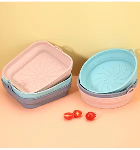 Details of collapsible silicone air fryer pot, square and round foldable baking tray and mat.